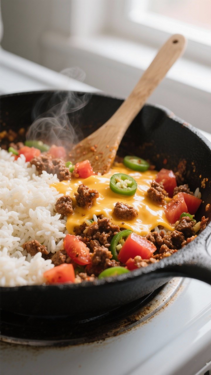 Cooking process, close-up detail: In-skillet cheesy taco rice just after stirring in cooked white ri