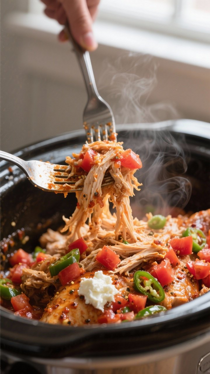 Cooking process, close-up detail: Shredded salsa chicken in a slow cooker right after cooking on LOW
