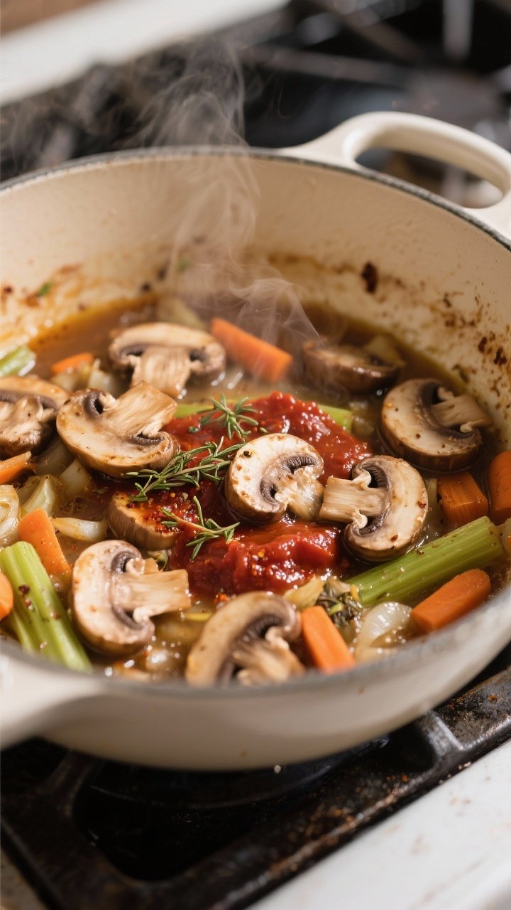 Cooking process, close-up detail: Sliced cremini mushrooms and softened carrot-onion-celery base siz