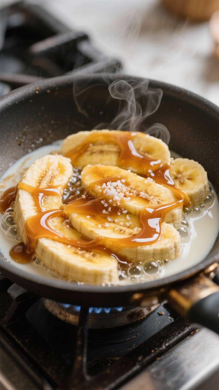 Cooking process, close-up detail: Sliced ripe bananas glazing in a glossy quick caramel in a small s