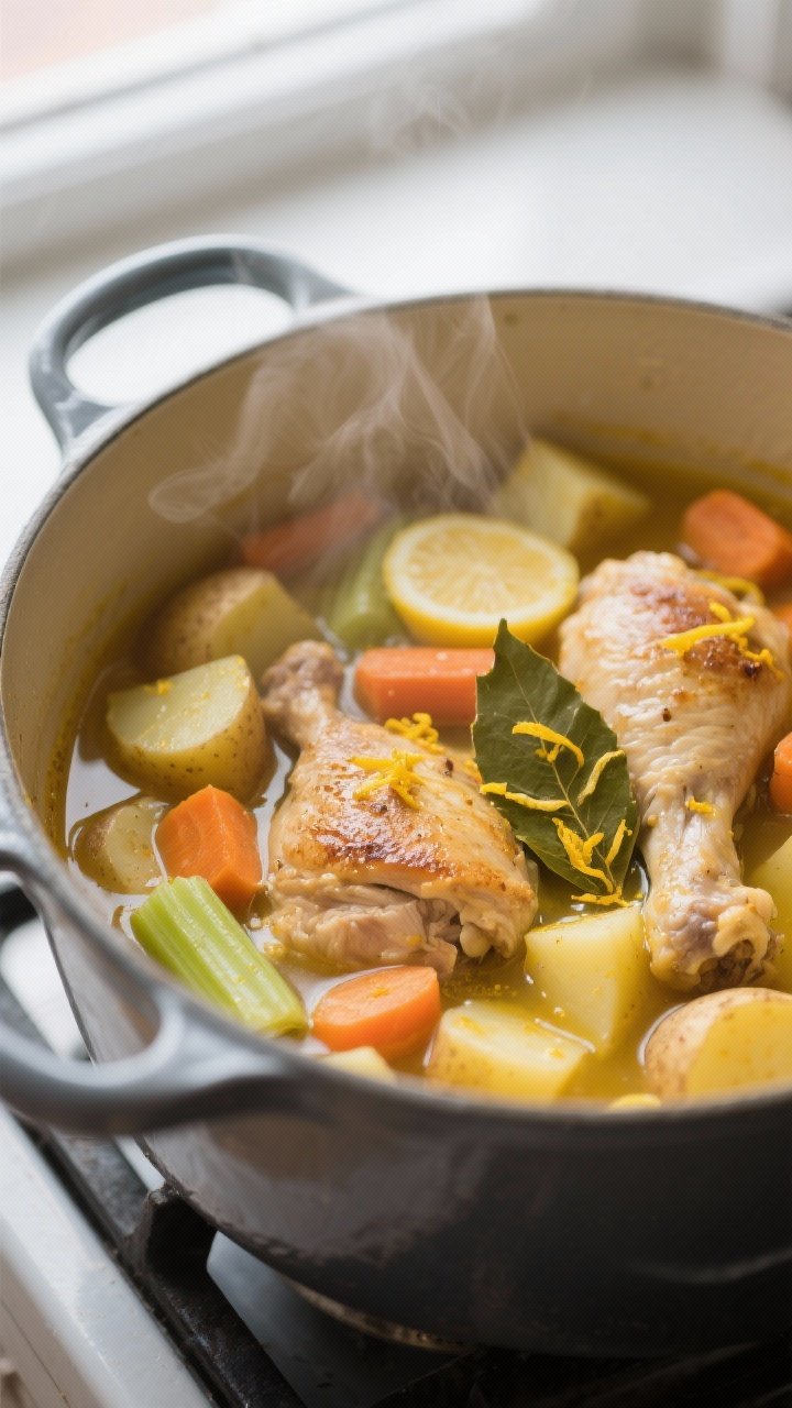 Cooking process, close-up detail: Steam-kissed lemon chicken stew simmering in a heavy Dutch oven, s