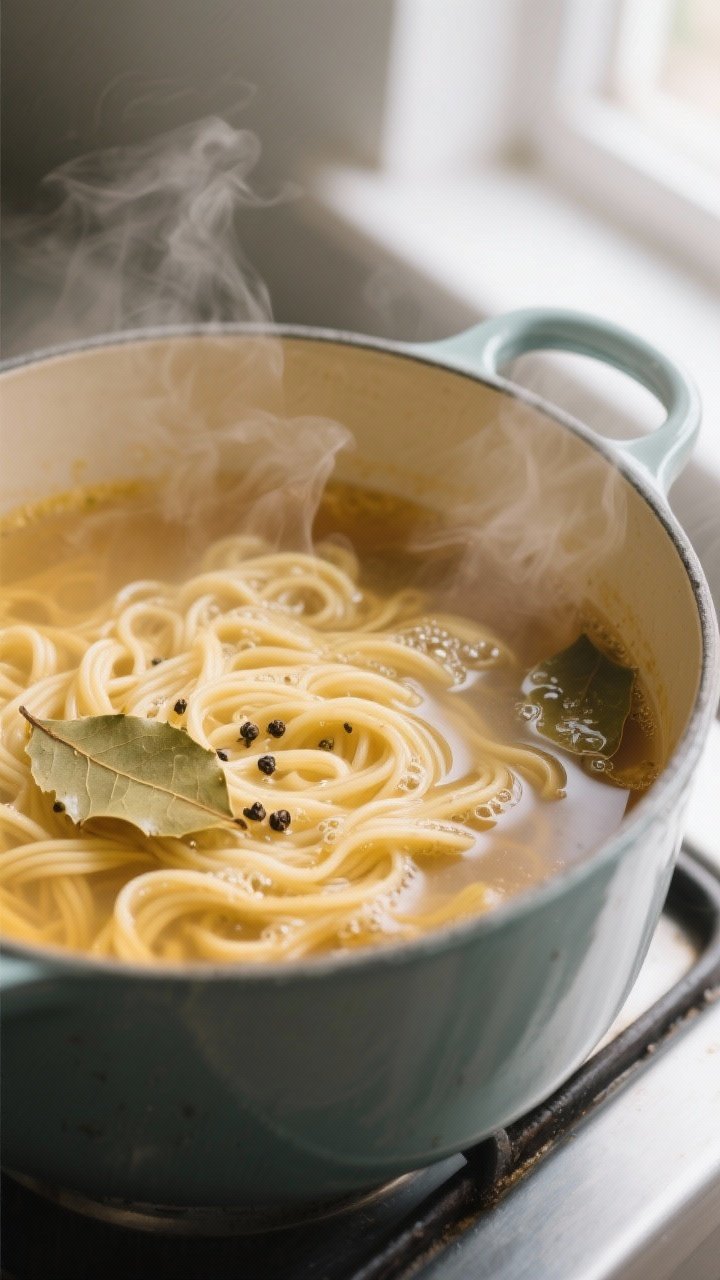 Cooking process, close-up detail: Steaming pot of golden low-sodium chicken broth at a lively simmer