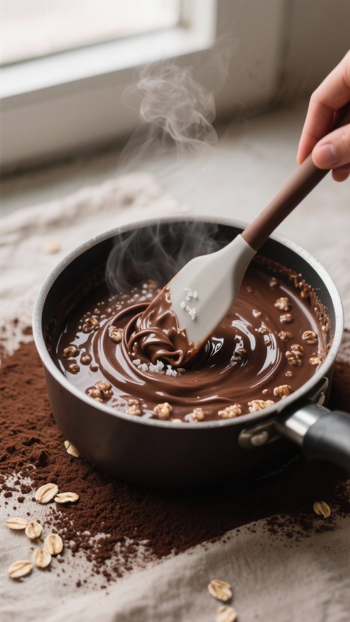 Cooking process, close-up detail: Thick, creamy hot cocoa oatmeal simmering in a small nonstick sauc