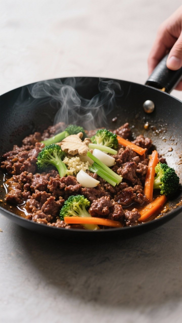 Cooking process close-up: Ground beef sizzling in a wok over medium-high heat, deep mahogany sear on