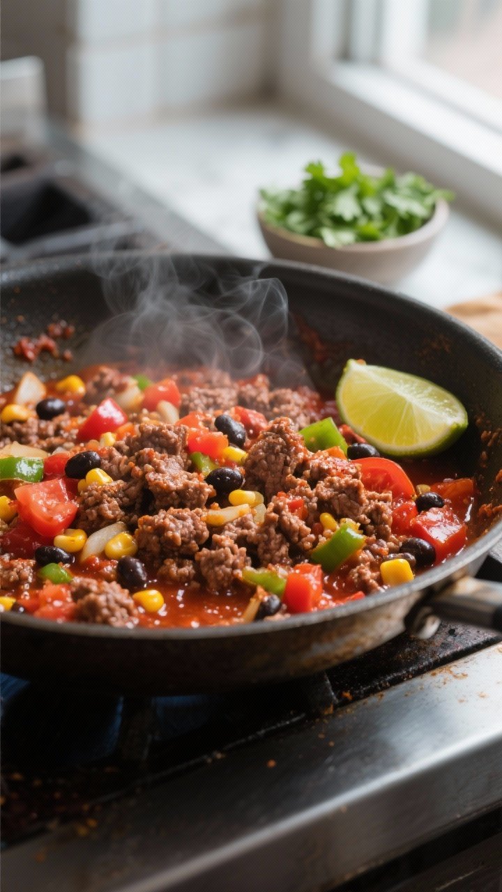Cooking process close-up: Ground beef taco filling sizzling in a large skillet, beef browned with cr