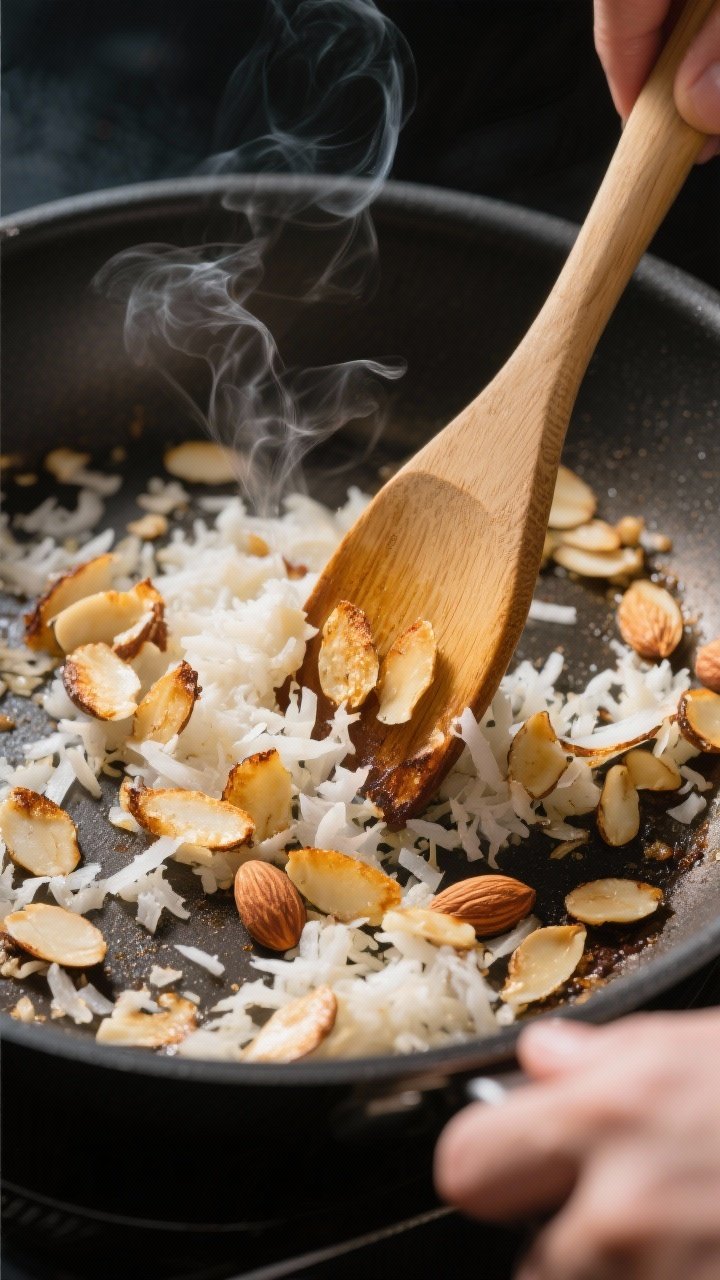 Cooking process close-up: Shredded coconut and slivered almonds toasting in a dry skillet, captured