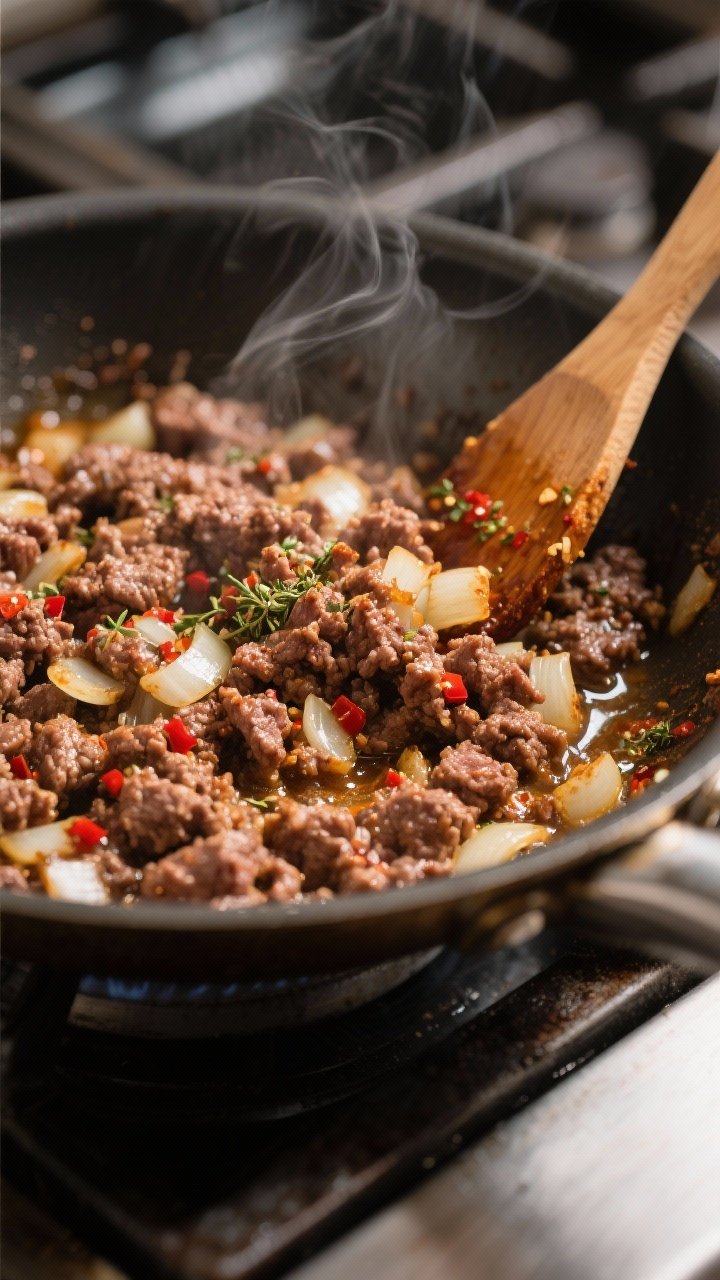 Cooking process, close-up: Sizzling ground beef in a wide, heavy skillet with deeply browned, crispy