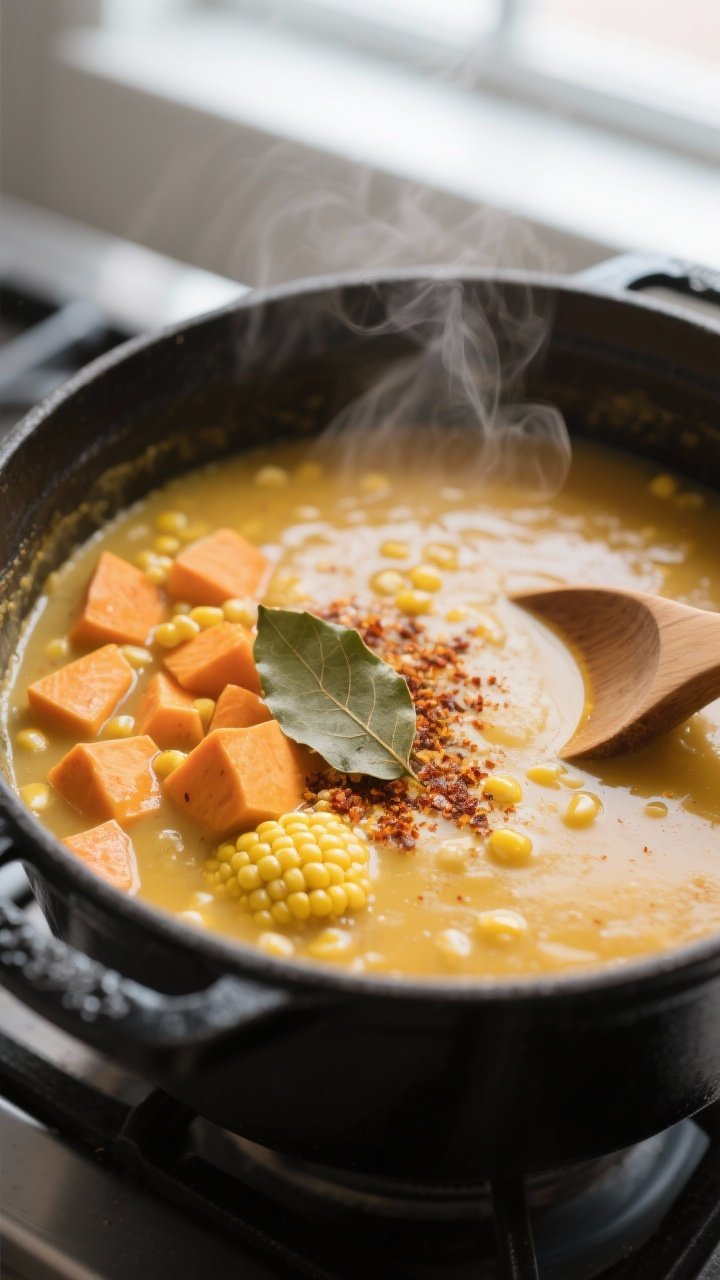 Cooking process, close-up: Sweet potato and corn soup base simmering in a matte black Dutch oven, go