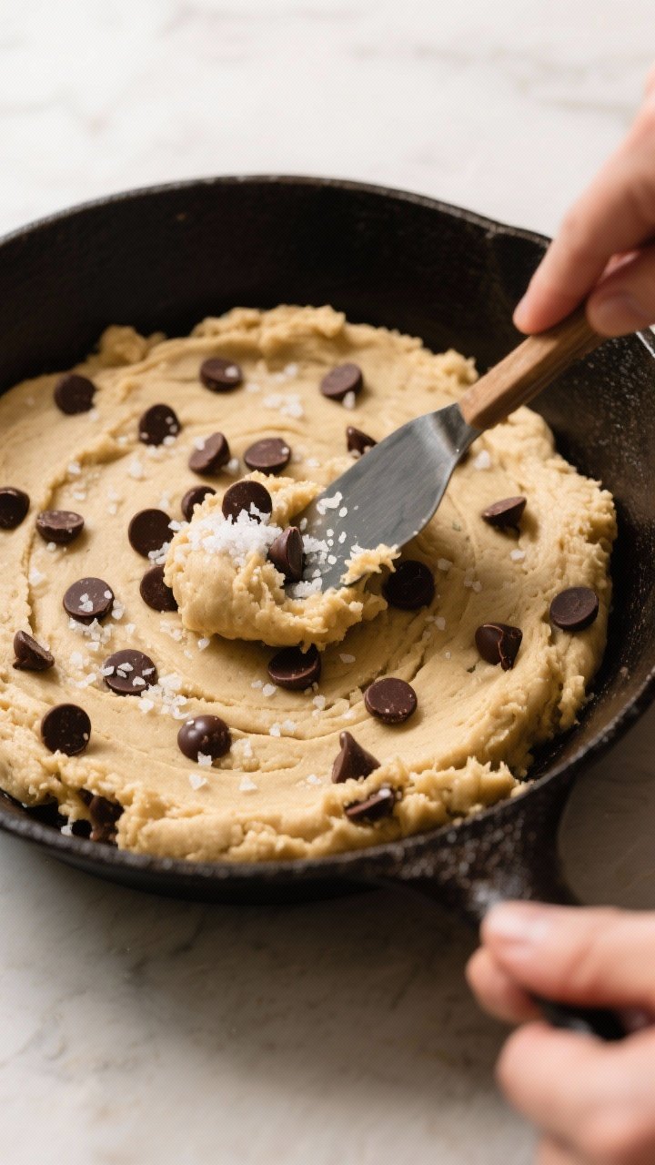 Cooking process — cookie dough being pressed into a preheated 8–10 inch cast-iron skillet: a thi