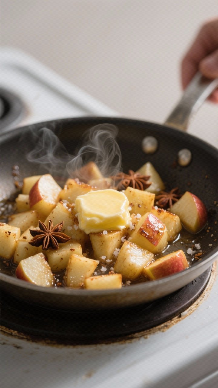 Cooking process: In-pan shot of diced apples being sautéed to tender perfection in a small skillet 