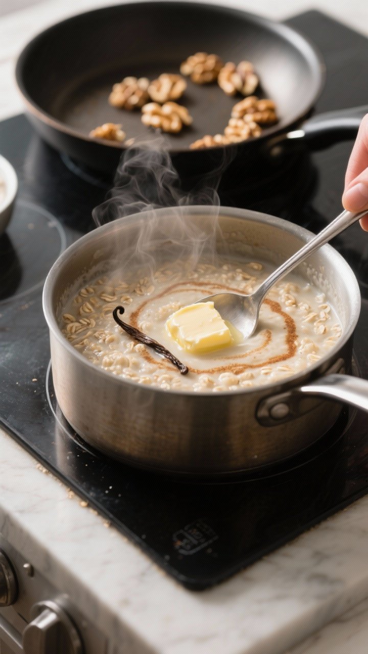 Cooking process: Oatmeal simmering in a medium saucepan at the creamy stage, spoon stirring through