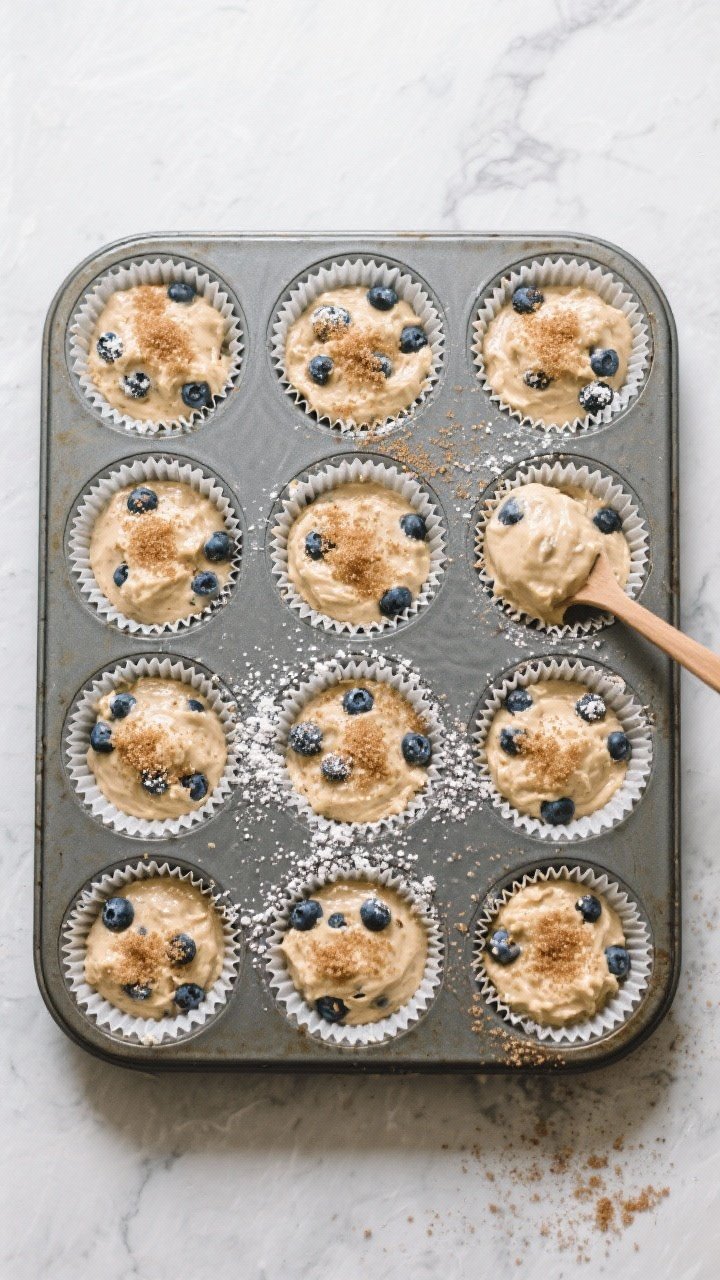 Cooking process: Overhead shot of a 12-cup muffin tin just filled to the brim with thick, scoopable 