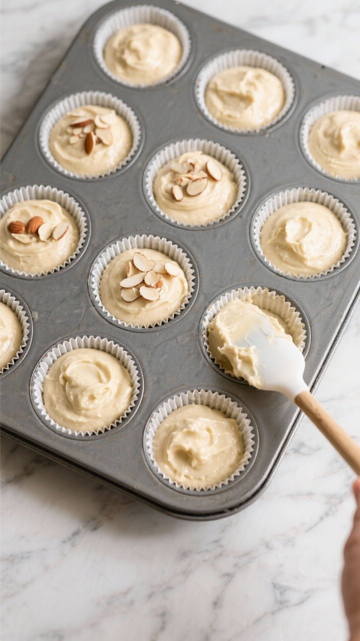 Cooking process: Overhead shot of a 12-cup muffin tin just filled 3/4 full with thick, scoopable bat