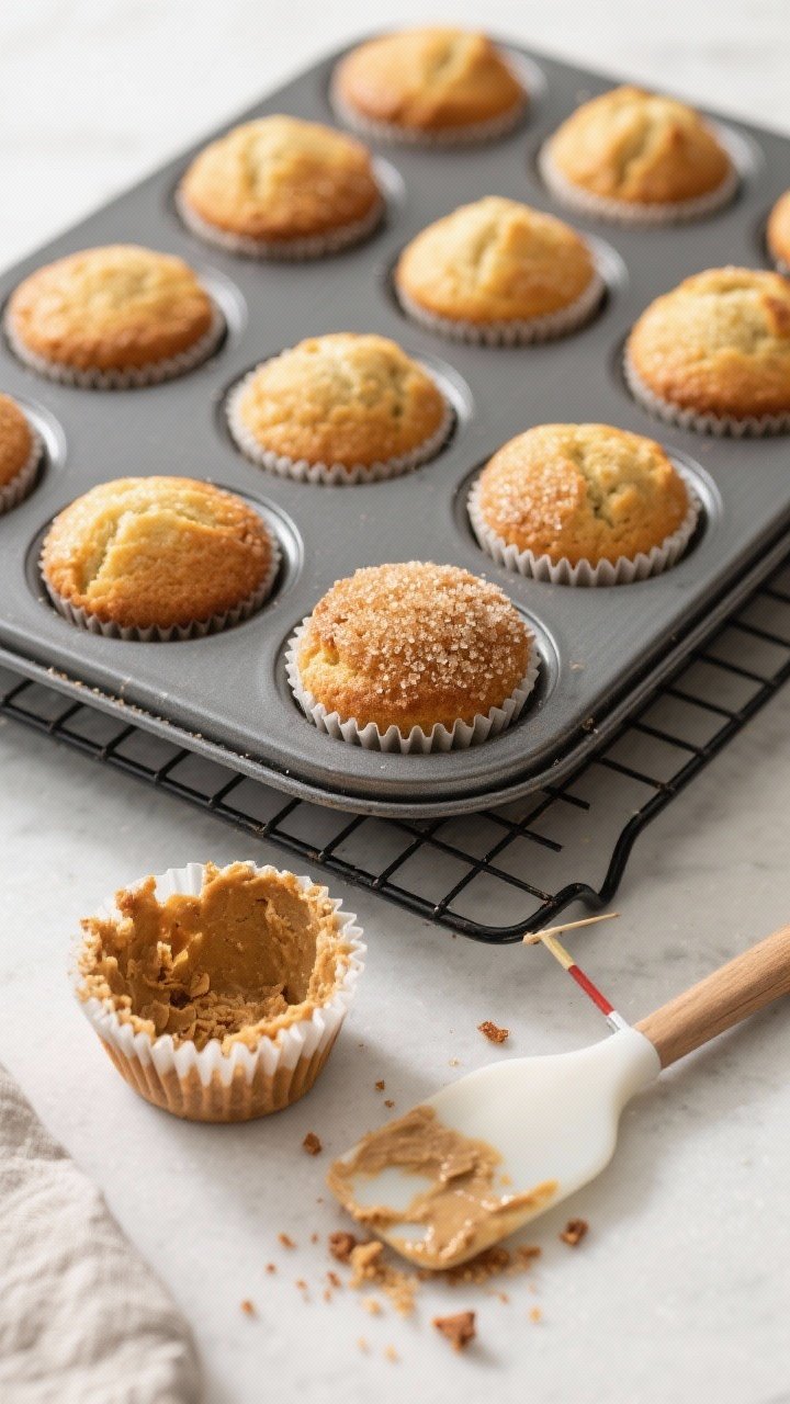 Cooking process: Overhead shot of a 12-cup muffin pan on a cooling rack with baked, golden-topped mu