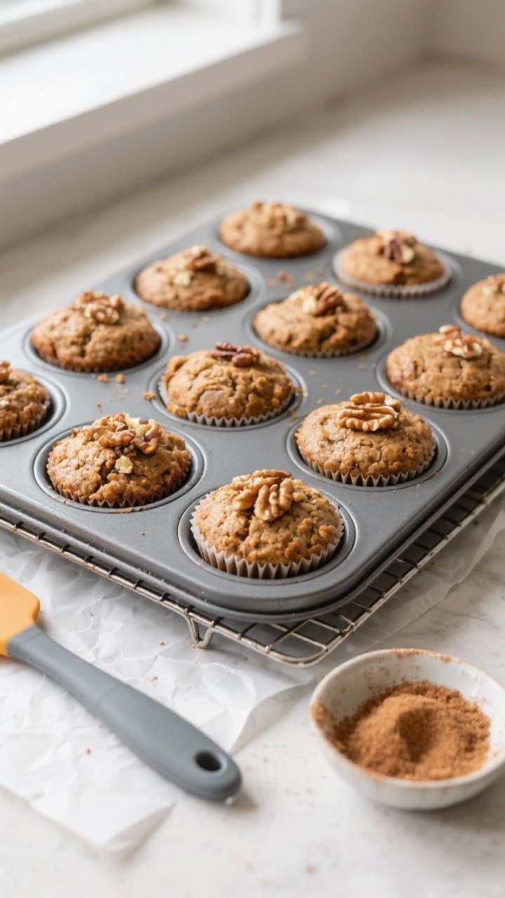 Cooking process: Overhead shot of a 12-cup muffin tin fresh from a 375°F bake on a cooling rack, ea