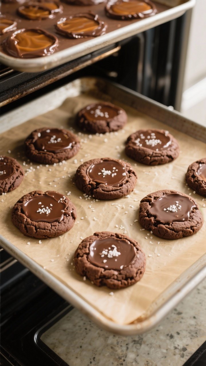 Cooking process: Overhead shot of a baking sheet coming out of a 350°F oven with large, thick cooki