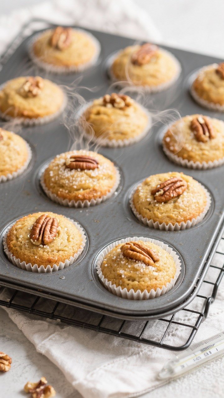 Cooking process: Overhead shot of a muffin tin fresh from the oven on a wire rack, each cup filled n