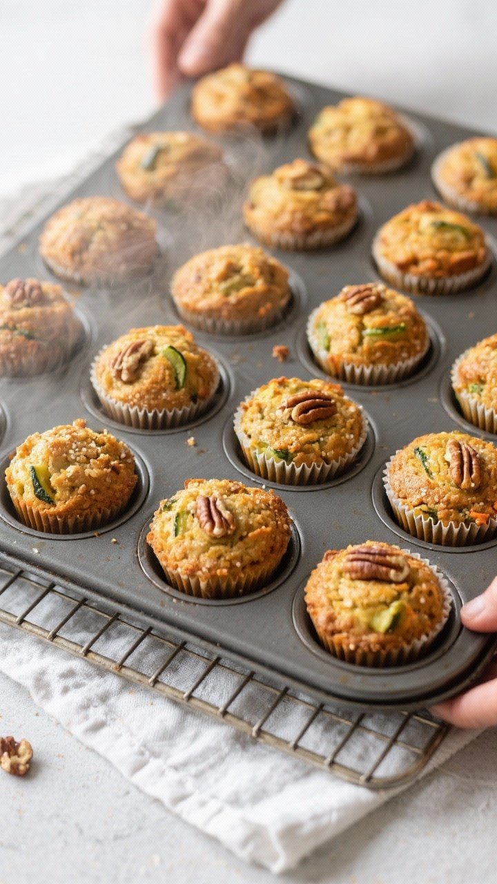 Cooking process: Overhead shot of a muffin tin just out of the oven at 375°F, all 12 Carrot Zucchin