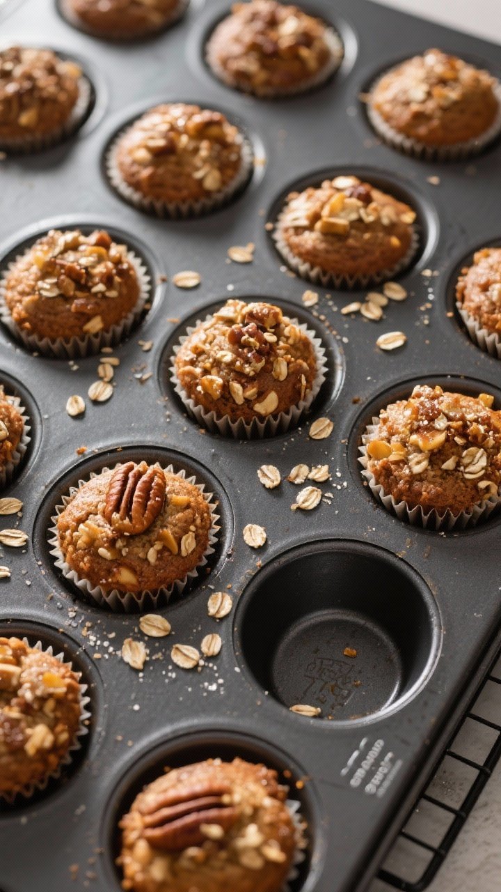 Cooking process: Overhead shot of a muffin tin just out of the oven at 375°F, twelve muffins with w