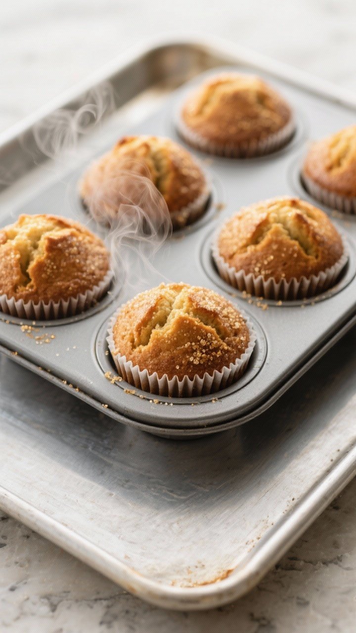 Cooking process: Overhead shot of a muffin tin just out of the oven showing high-rise domed muffins 