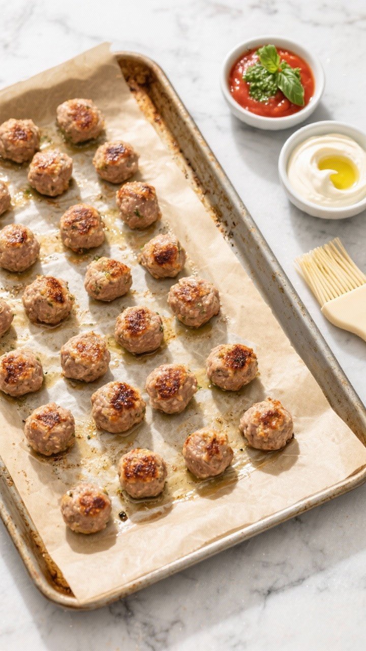 Cooking process: Overhead shot of a parchment-lined sheet pan filled with evenly spaced 1-inch mini 