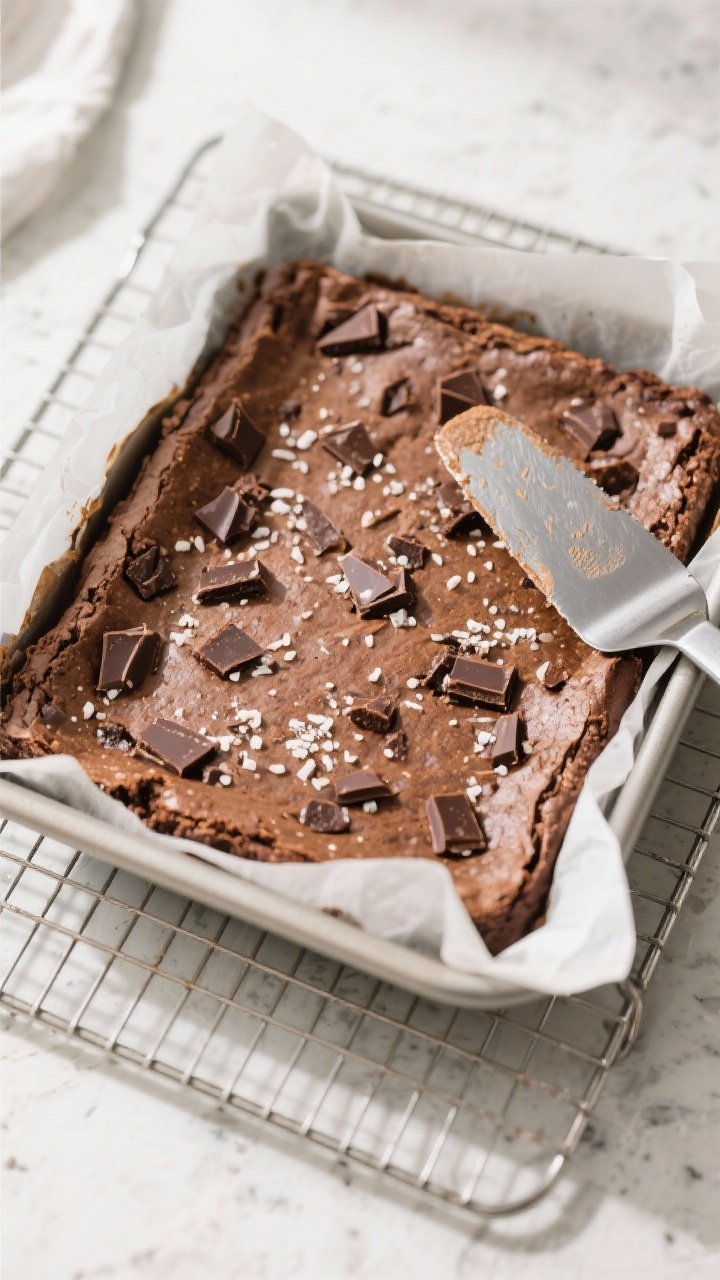 Cooking process: Overhead shot of an 8x8 pan of freshly baked coconut flour brownies cooling on parc