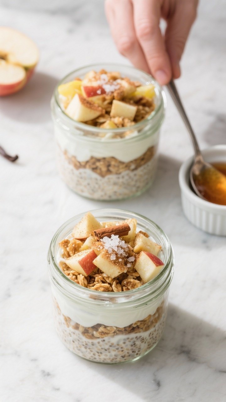 Cooking process: Overhead shot of layered Apple Crisp Overnight Oats being assembled in two clear gl