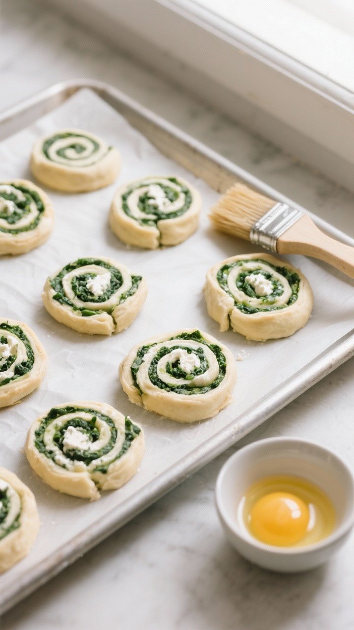 Cooking process: Overhead shot of neatly sliced, chilled spinach-feta pastry spirals arranged with s
