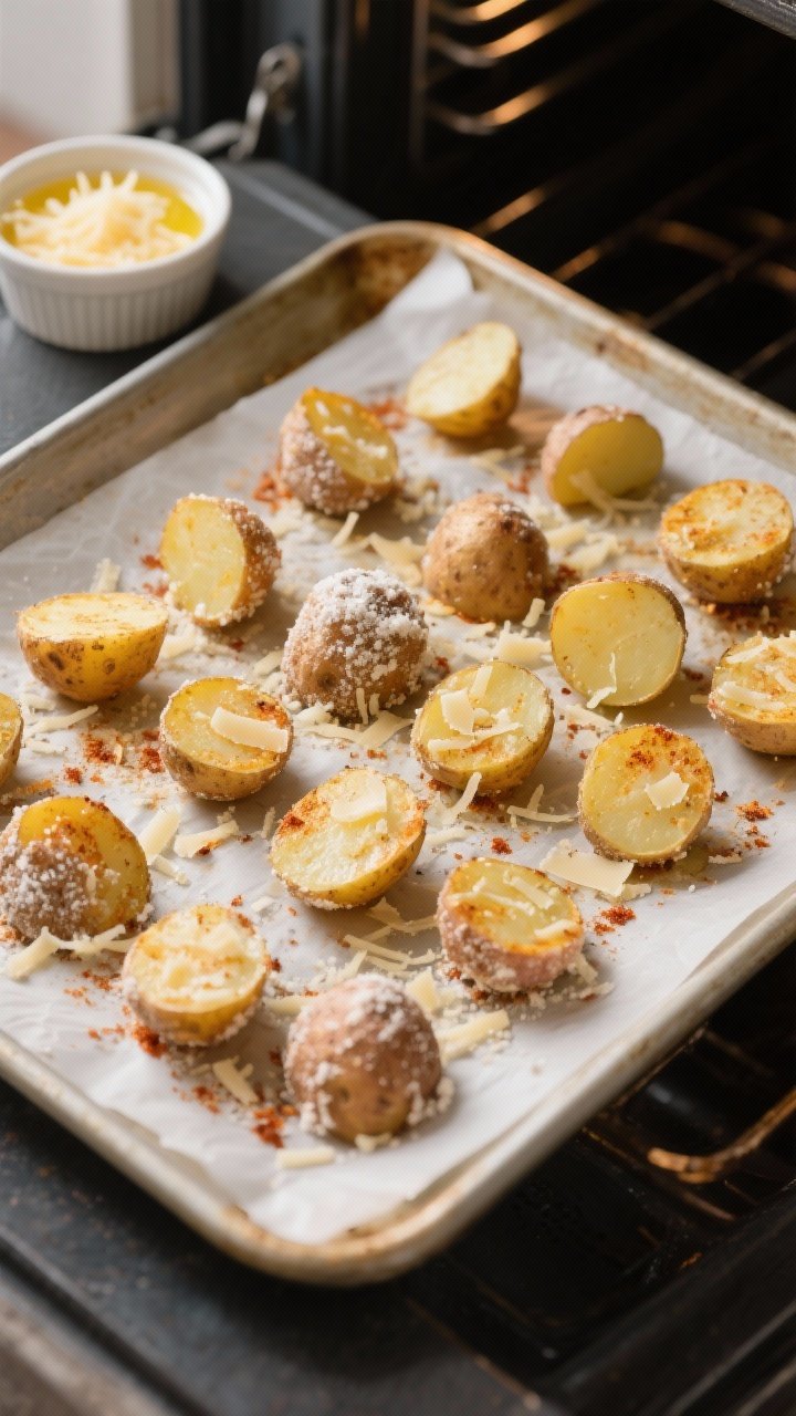 Cooking process: Overhead shot of parboiled potato “bites” mid-roast on a parchment-lined sheet 