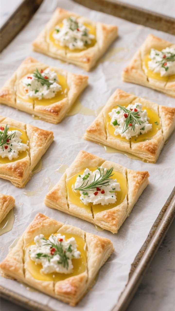 Cooking process: Overhead shot of scored and egg-washed puff pastry squares on parchment atop a preh