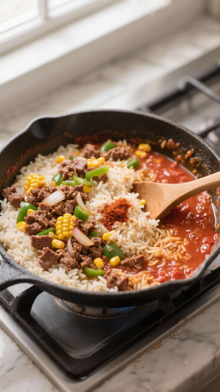 Cooking process: Overhead shot of the casserole mid-simmer in a 12-inch oven-safe skillet, showing t