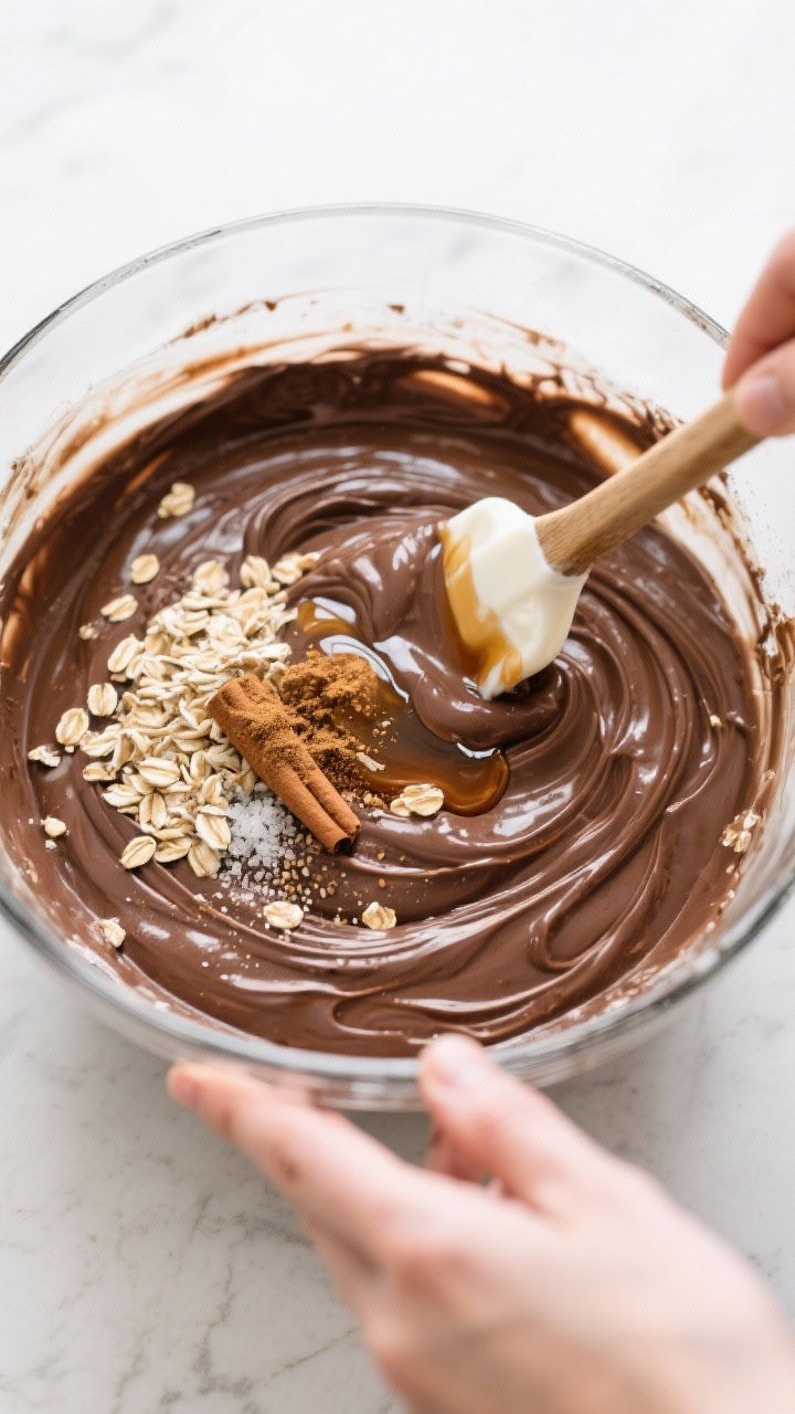 Cooking process: Overhead shot of the mixture just after “fold in the creaminess” step in a clea