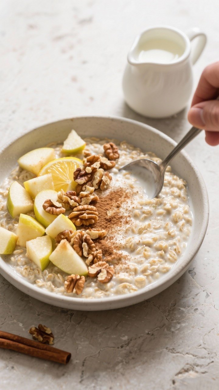 Cooking process: Overhead shot of the prepared overnight oats just after morning stir, being finishe