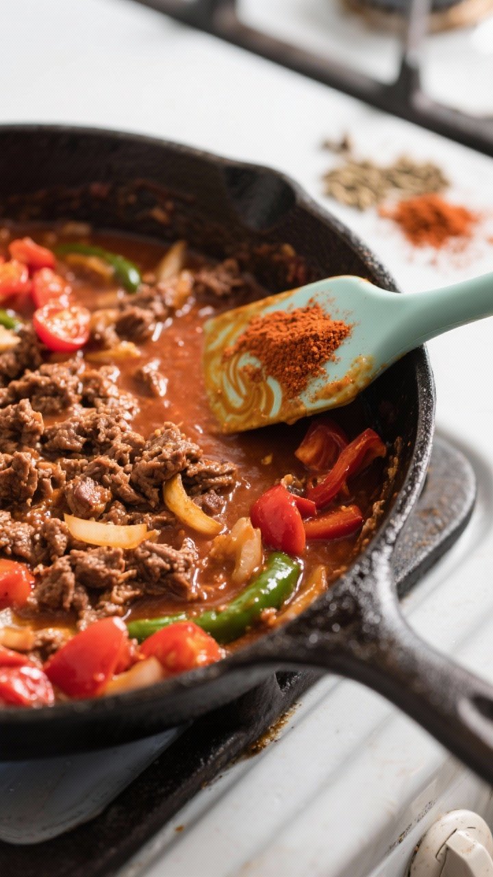 Cooking process: Overhead shot of the ranchero base simmering in a cast-iron skillet—crumbled brow