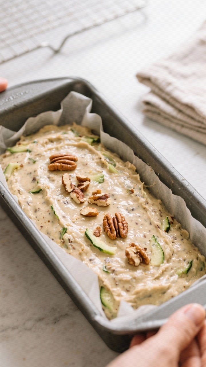Cooking process: Overhead shot of the thick, speckled batter being smoothed into a parchment-lined 9