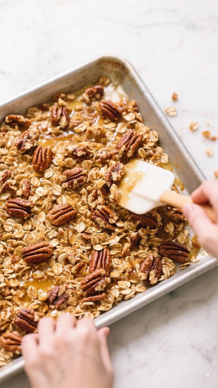 Cooking process: Overhead shot of the walnut crisp topping just toasted on a small baking sheet—wa