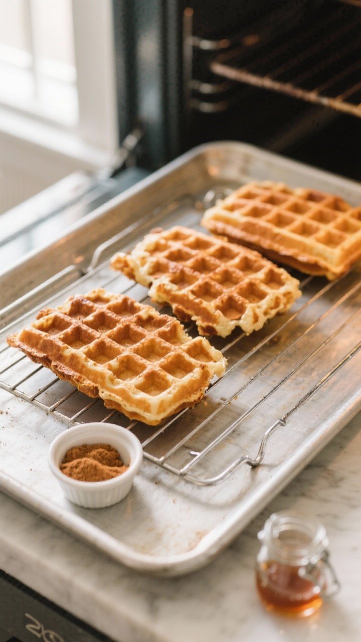 Cooking process: Overhead shot of waffles holding crisp in a 200°F oven on a wire rack set over a s