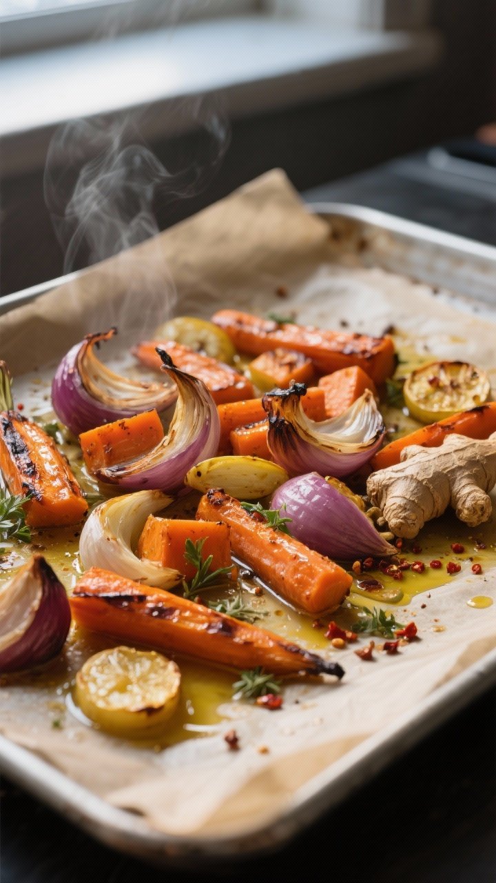 Cooking process — Roasted carrots and aromatics just out of the oven: a parchment-lined sheet pan 