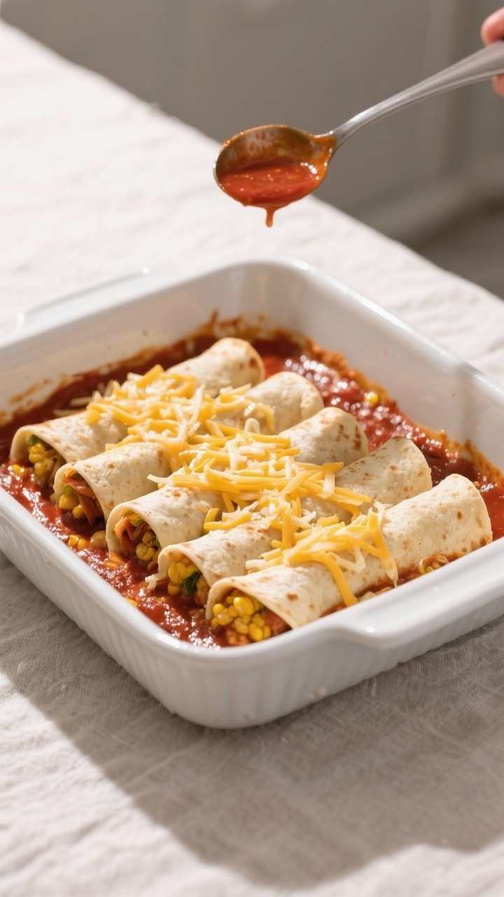 Cooking process: Rolled chicken enchiladas snug in a 9x13 baking dish, just sauced and topped with a