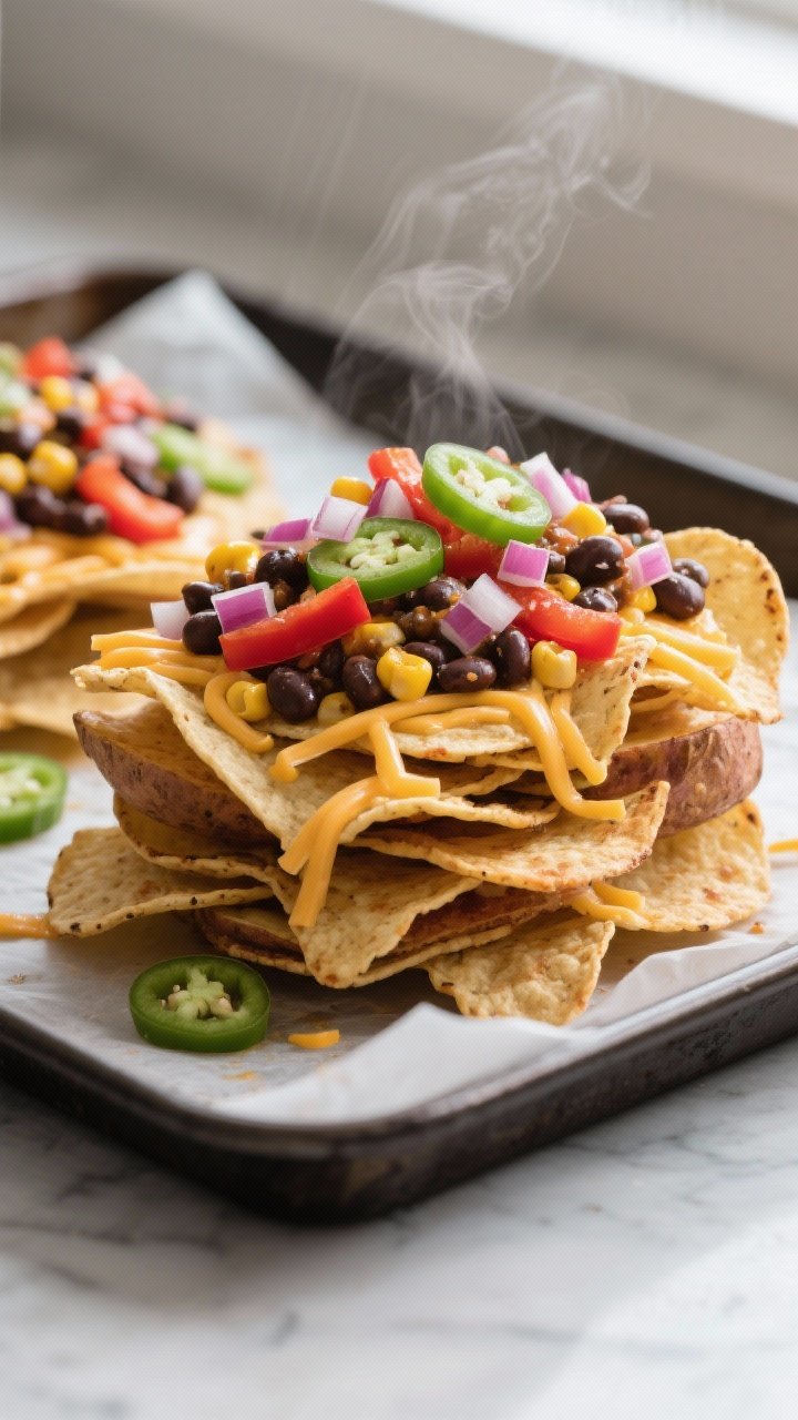 Cooking process: Sheet-pan “build” of Veggie-Loaded Baked Potato Nachos right before broiling—