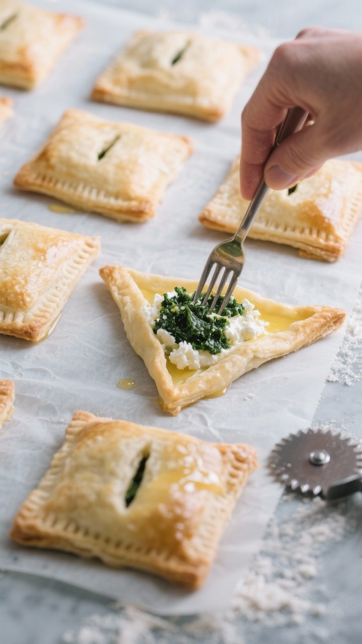 Cooking process shot: assembling the pastries on a lightly floured surface—2-inch puff pastry squa