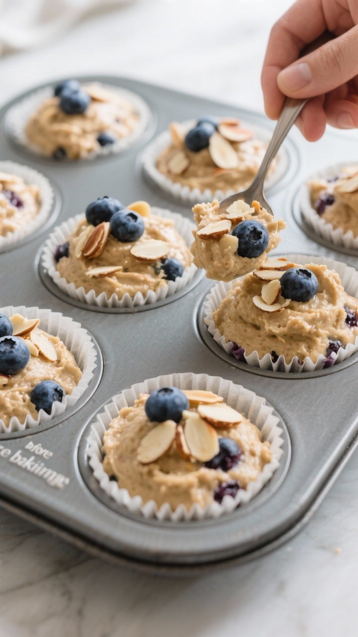 Cooking process shot: filling a lined muffin tin with the thick, spoonable batter already folded wit