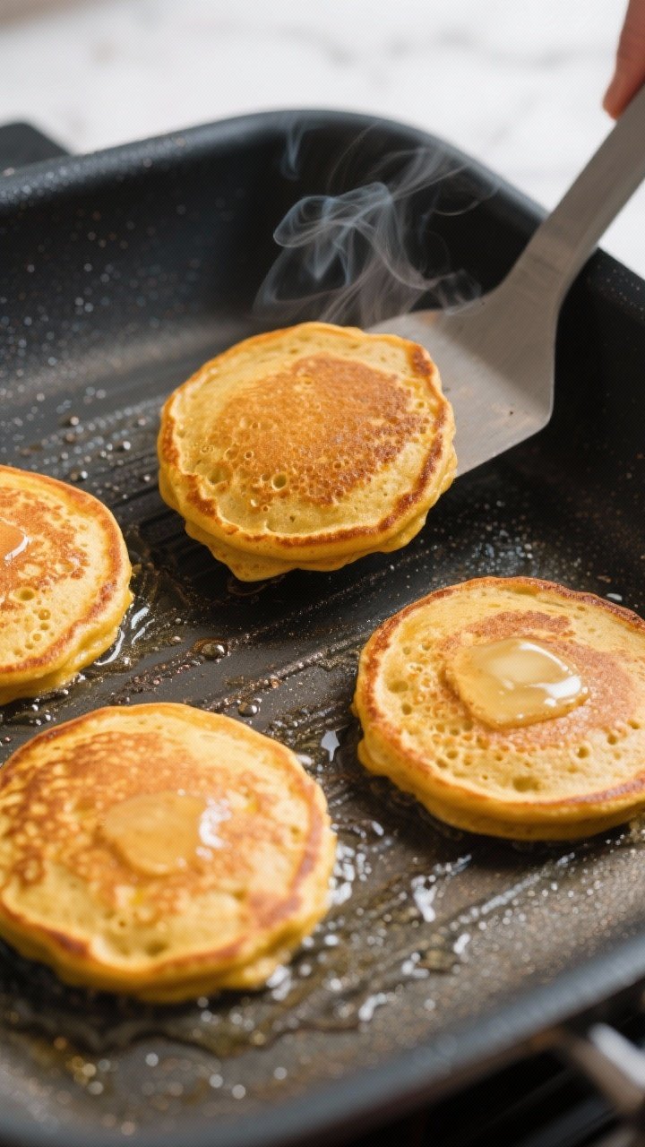 Cooking process shot: overhead view of 4-inch pumpkin pancakes on a nonstick griddle mid-cook, edges