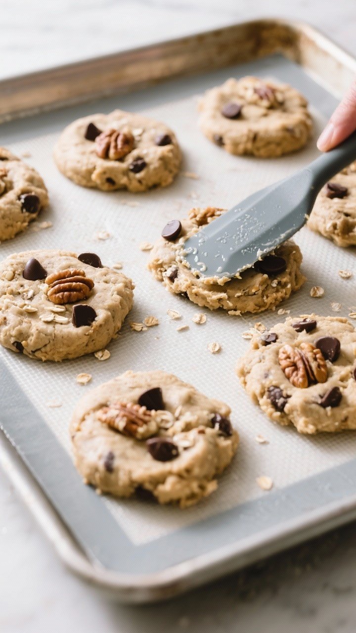 Cooking process shot: Overhead view of shaped cookie mounds being flattened with a damp spatula on a