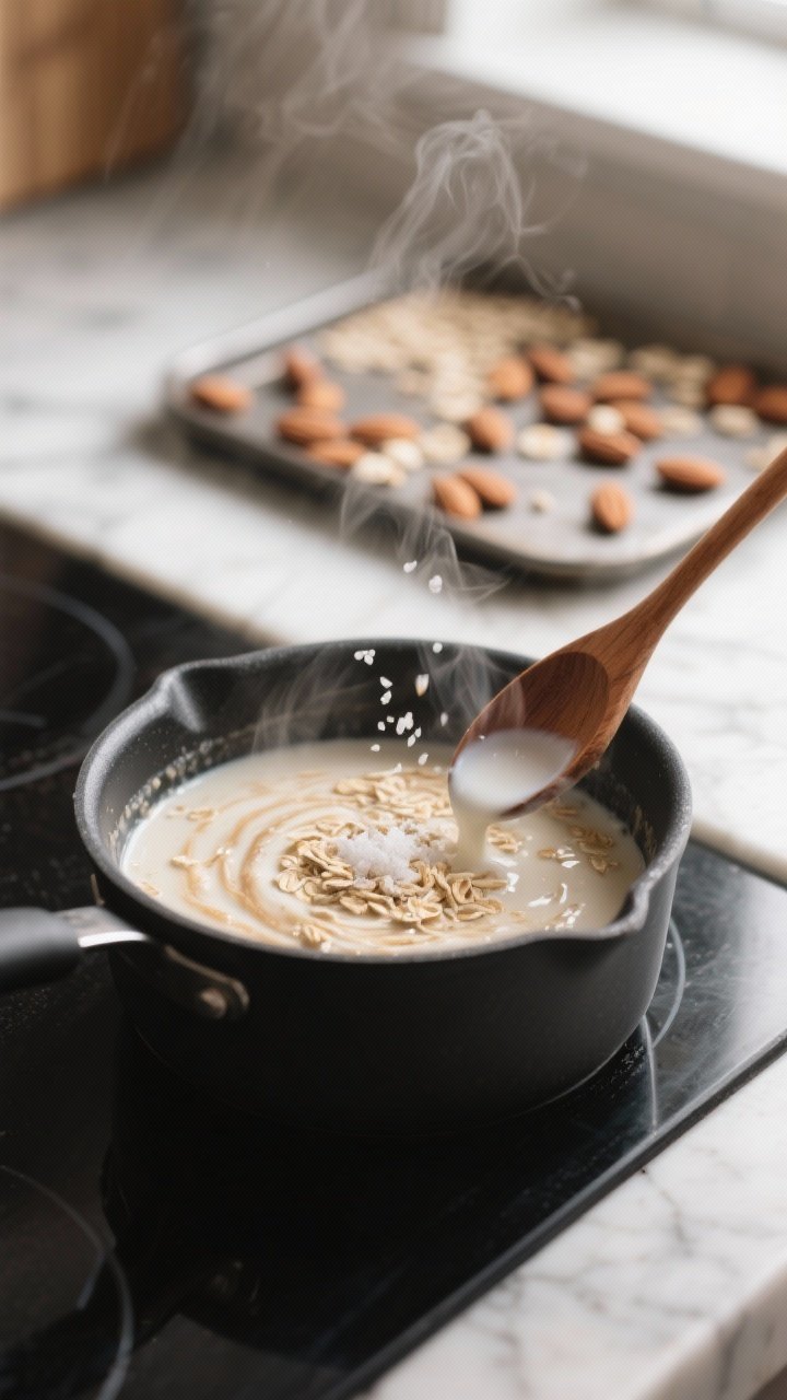 Cooking process shot: Rolled oats simmering in a small matte-black saucepan, creamy and just-thick w