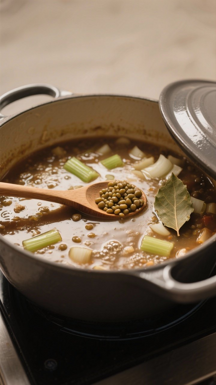 Cooking process shot: The stew simmering in a wide, heavy pot at a gentle bubble, showing the partia
