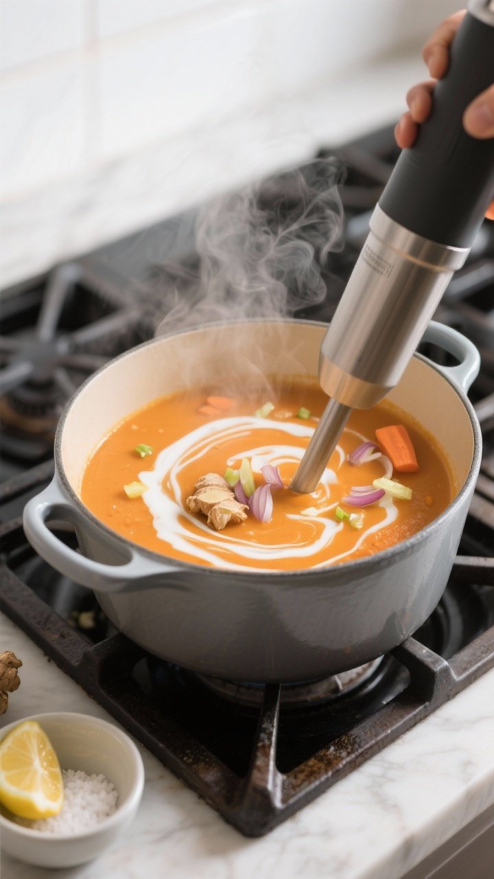 Cooking process: Silky carrot-ginger soup being blended with an immersion blender directly in a Dutc