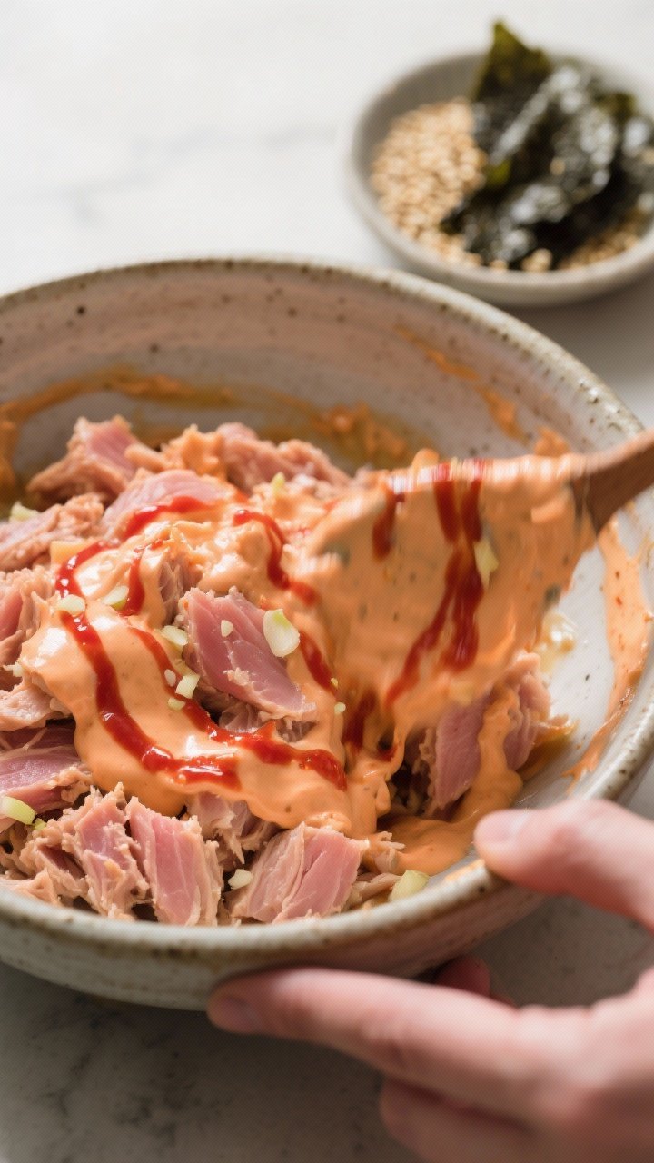 Cooking process: Spicy tuna being gently folded with chili-mayo sauce in a ceramic mixing bowl—vis