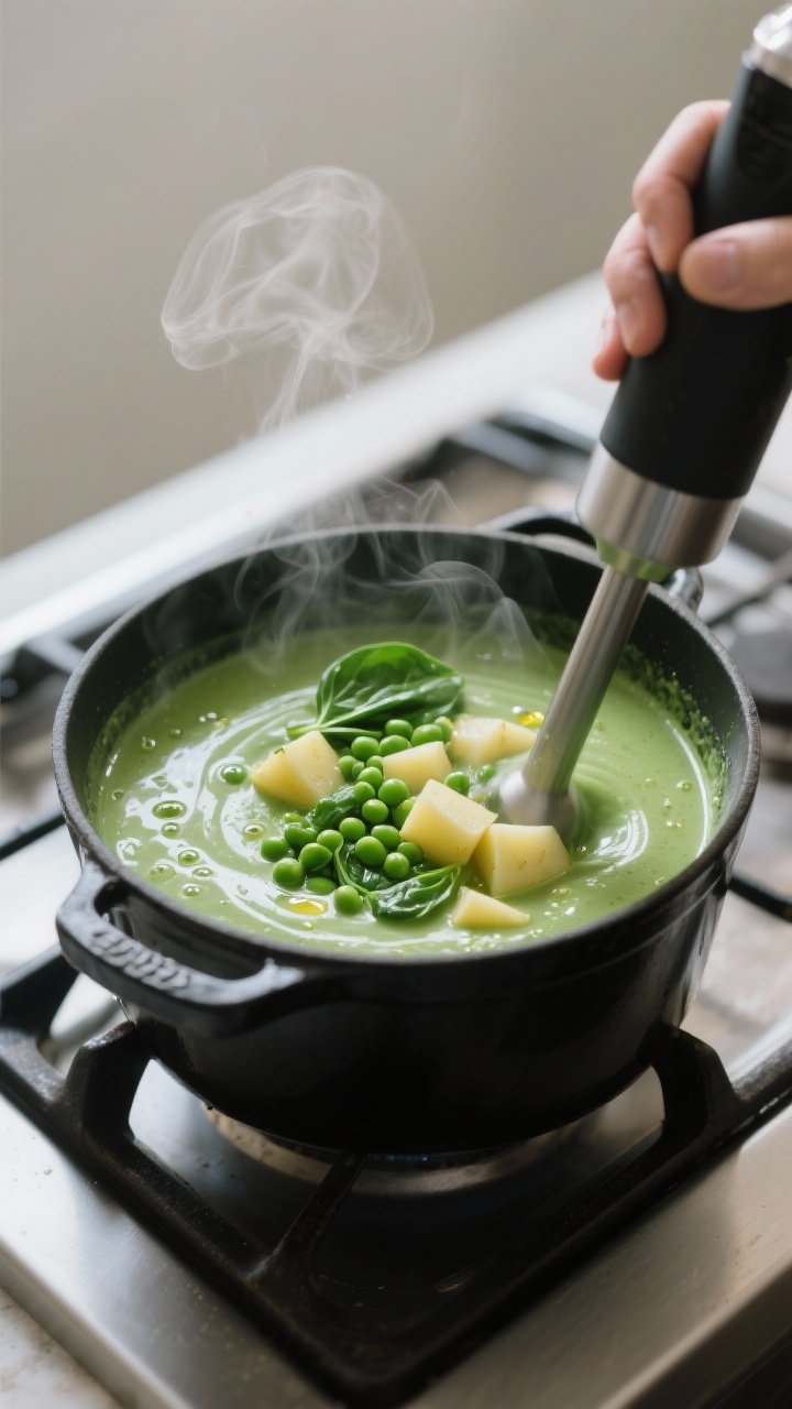 Cooking process, stovetop action: A large matte-black Dutch oven on a burner with steam curling up a