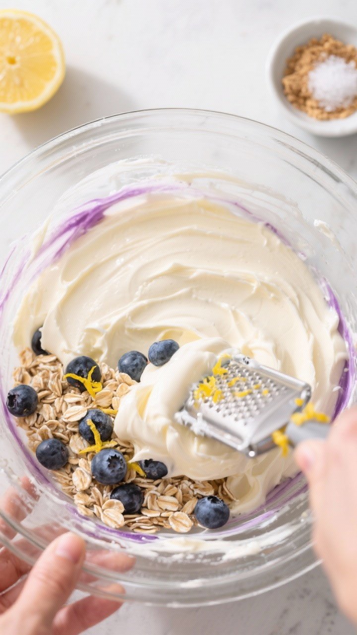 Cooking process: The combined oat mixture being folded together with the silky cheesecake base in a 